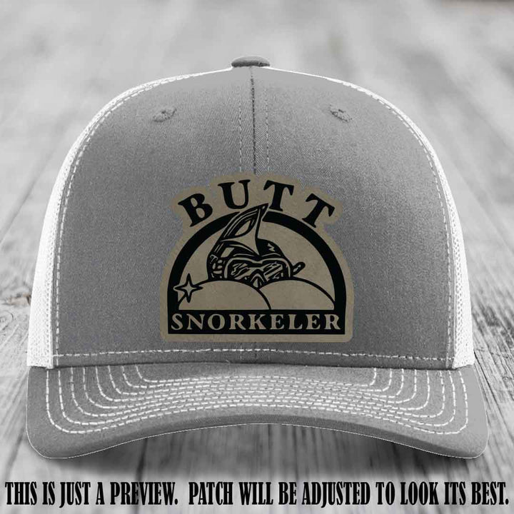 Light Brown to Black Patch on Heather Grey to White Hat - Butt Snorkeler Richardson 112 Leather Patch Hat