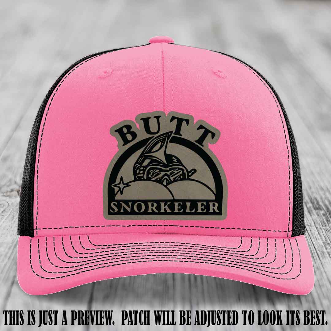 Light Brown to Black Patch on Hot Pink to Black Hat - Butt Snorkeler Richardson 112 Leather Patch Hat