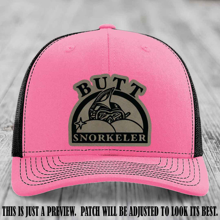 Light Brown to Black Patch on Hot Pink to Black Hat - Butt Snorkeler Richardson 112 Leather Patch Hat