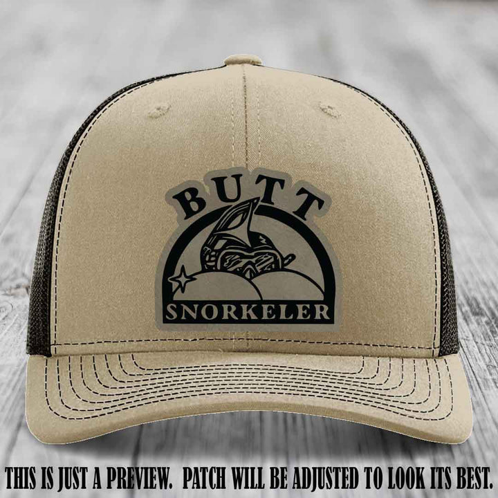 Light Brown to Black Patch on Khaki to Coffee Hat - Butt Snorkeler Richardson 112 Leather Patch Hat