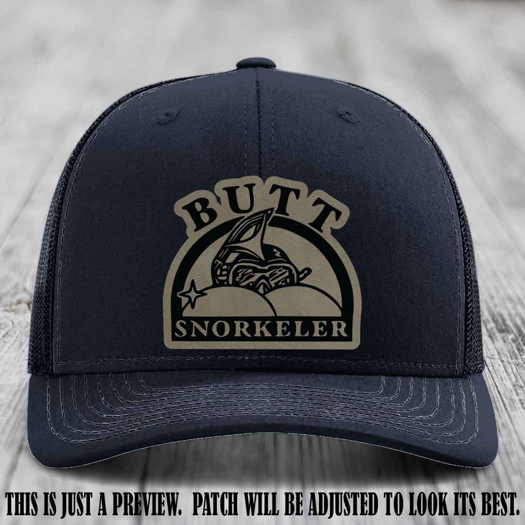 Light Brown to Black Patch on Navy Hat - Butt Snorkeler Richardson 112 Leather Patch Hat