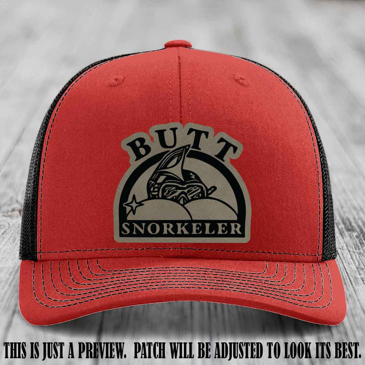 Light Brown to Black Patch on Red to Black Hat - Butt Snorkeler Richardson 112 Leather Patch Hat