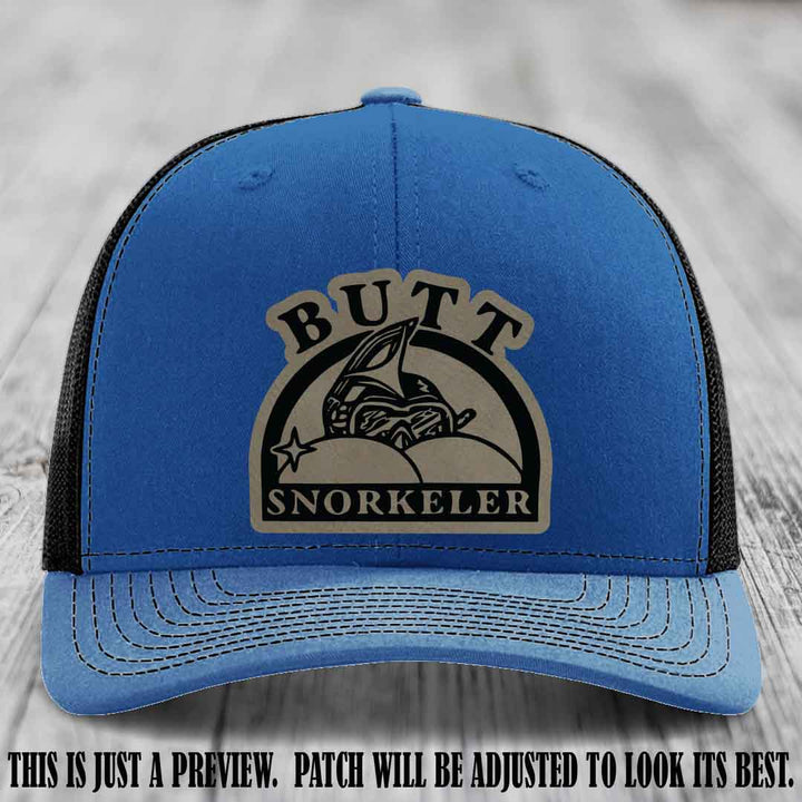 Light Brown to Black Patch on Royal to Black Hat - Butt Snorkeler Richardson 112 Leather Patch Hat
