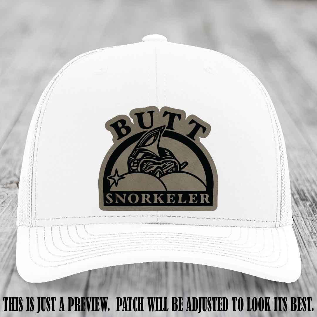 Light Brown to Black Patch on White Hat - Butt Snorkeler Richardson 112 Leather Patch Hat