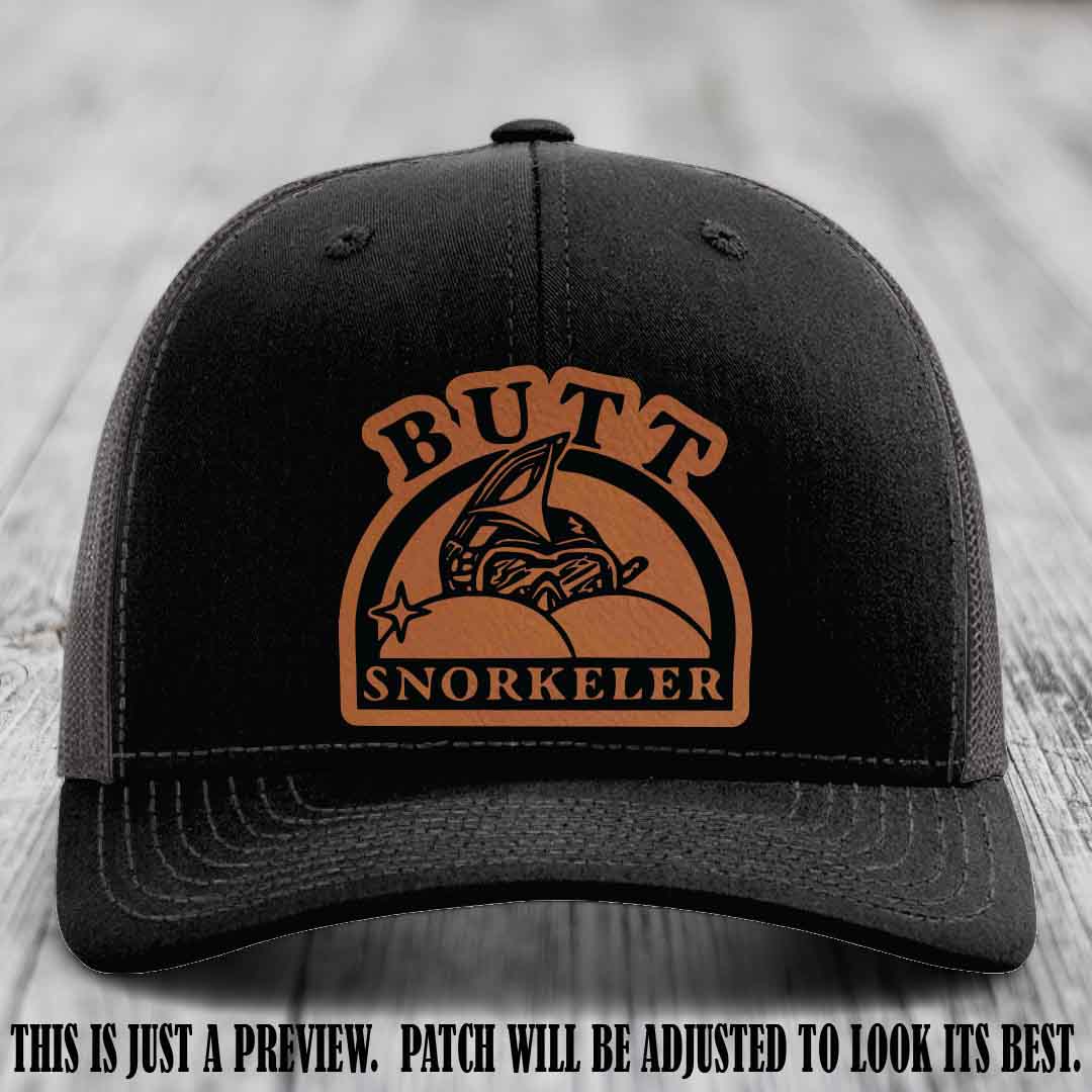 Rawhide to Black Patch on Black to Charcoal Hat - Butt Snorkeler Richardson 112 Leather Patch Hat