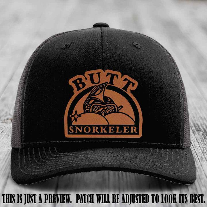 Rawhide to Black Patch on Black to Charcoal Hat - Butt Snorkeler Richardson 112 Leather Patch Hat