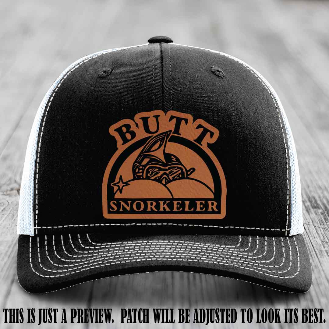 Rawhide to Black Patch on Black to White Hat - Butt Snorkeler Richardson 112 Leather Patch Hat