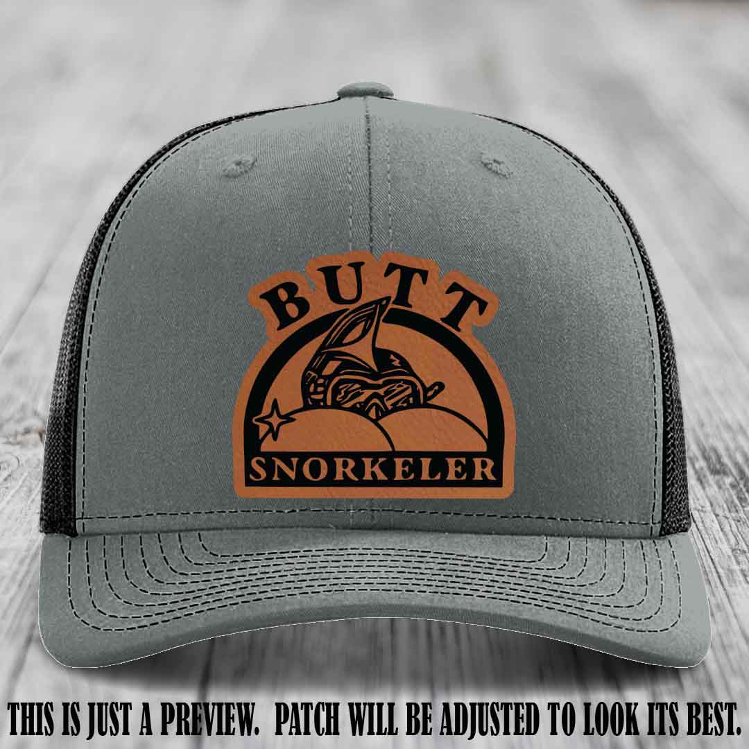 Rawhide to Black Patch on Heather Grey to Black Hat - Butt Snorkeler Richardson 112 Leather Patch Hat