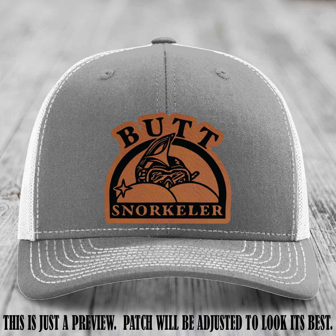 Rawhide to Black Patch on Heather Grey to White Hat - Butt Snorkeler Richardson 112 Leather Patch Hat