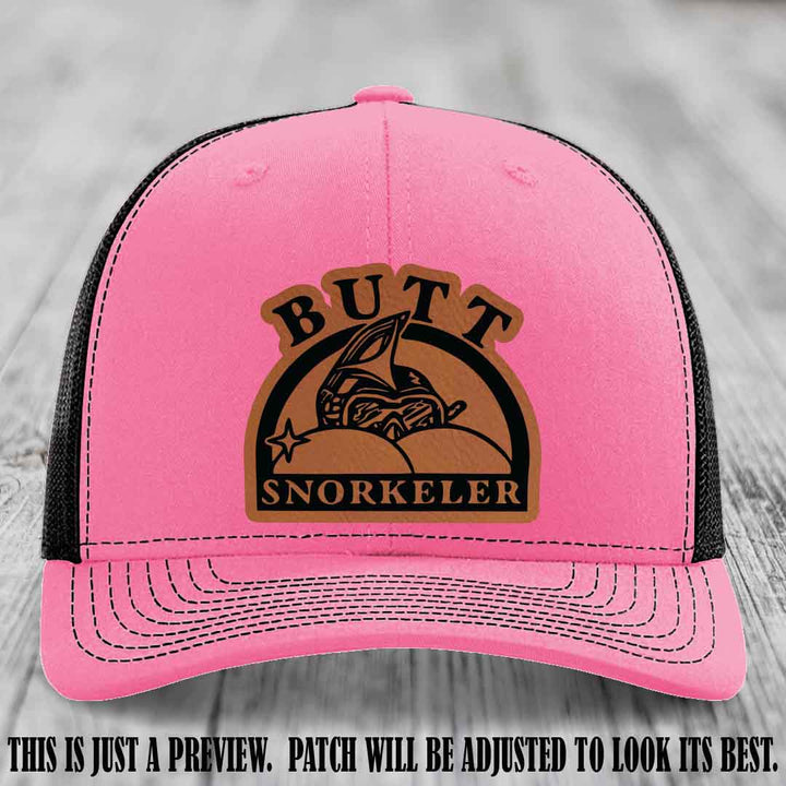 Rawhide to Black Patch on Hot Pink to Black Hat - Butt Snorkeler Richardson 112 Leather Patch Hat
