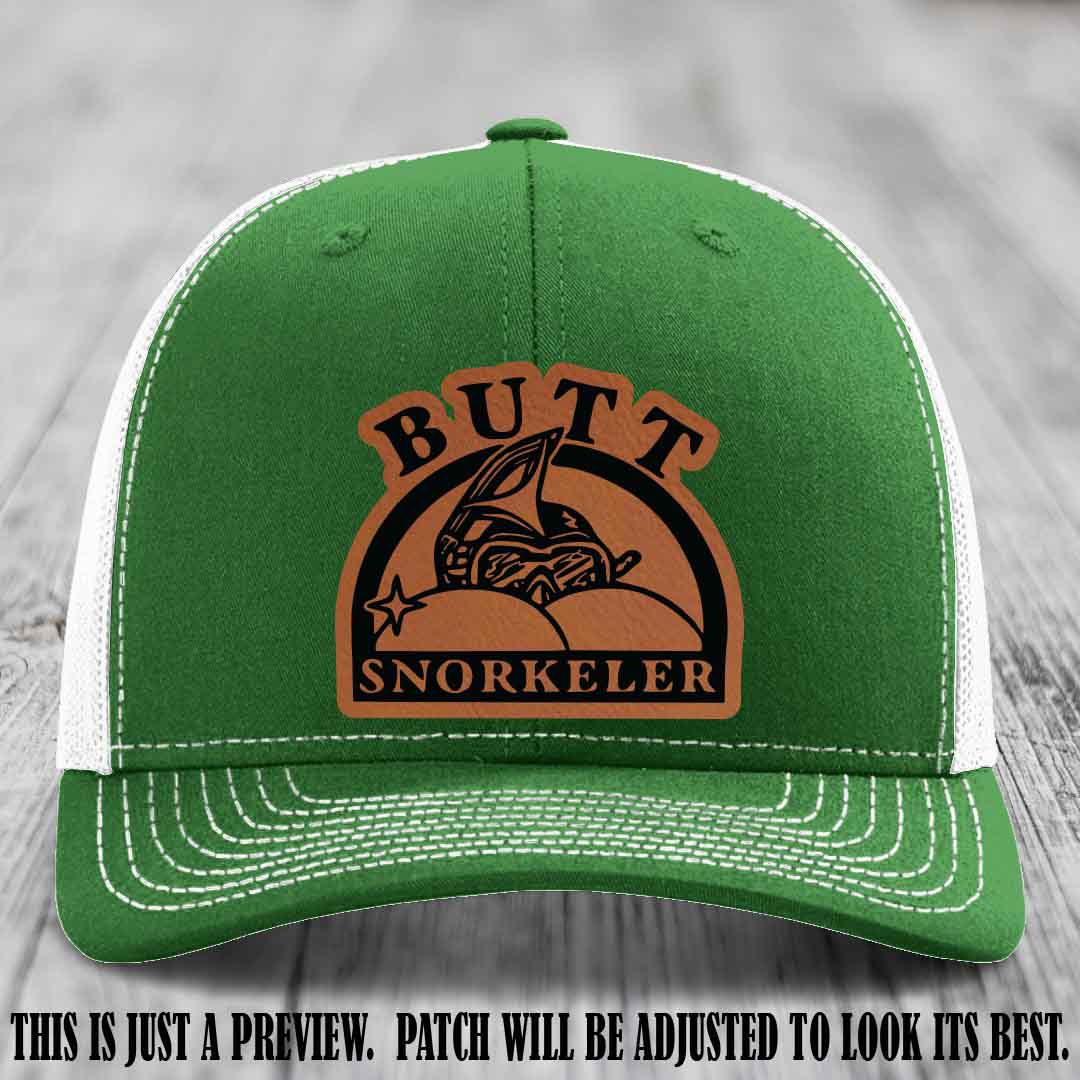 Rawhide to Black Patch on Kelly to White Hat - Butt Snorkeler Richardson 112 Leather Patch Hat
