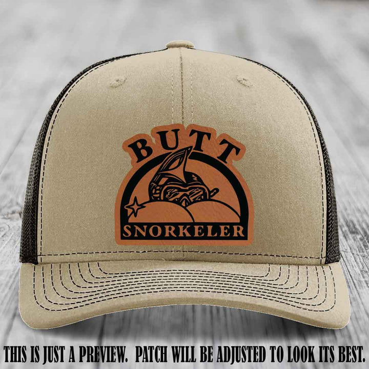 Rawhide to Black Patch on Khaki to Coffee Hat - Butt Snorkeler Richardson 112 Leather Patch Hat