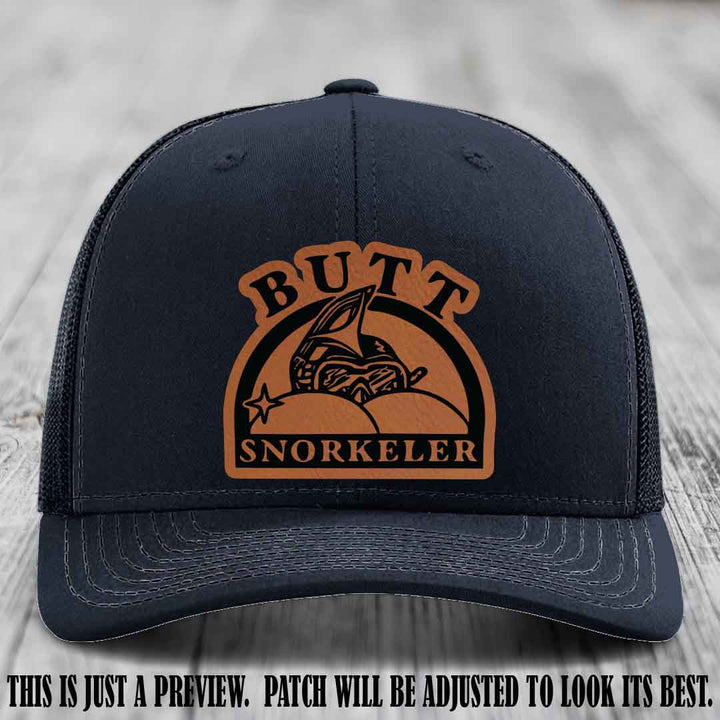 Rawhide to Black Patch on Navy Hat - Butt Snorkeler Richardson 112 Leather Patch Hat