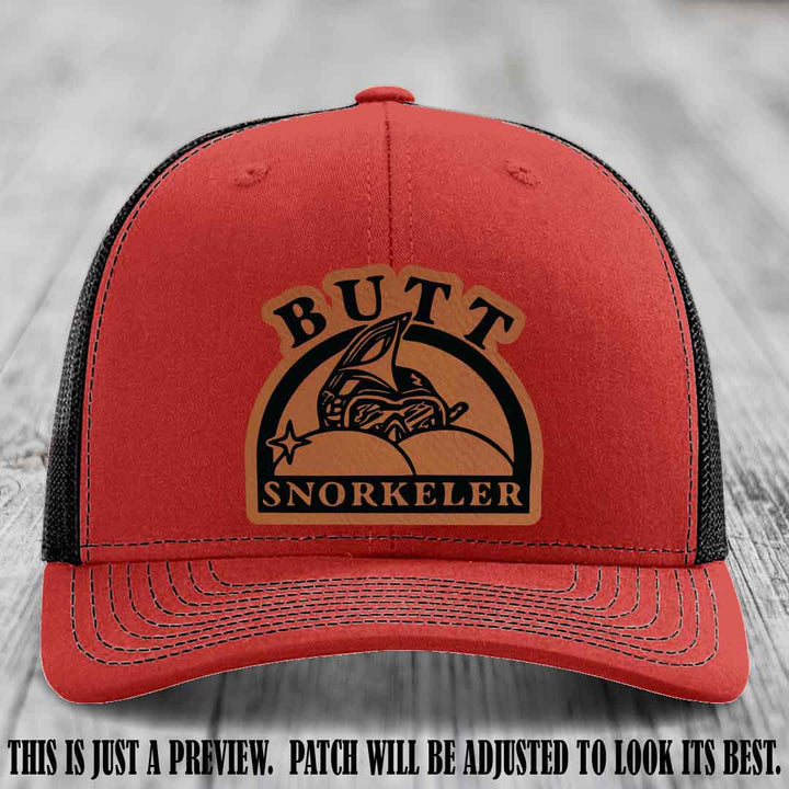 Rawhide to Black Patch on Red to Black Hat - Butt Snorkeler Richardson 112 Leather Patch Hat