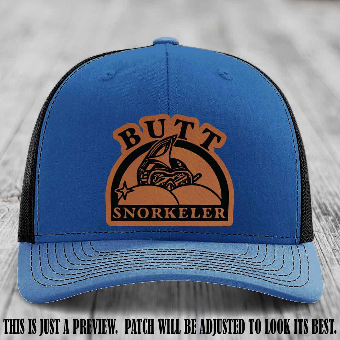 Rawhide to Black Patch on Royal to Black Hat - Butt Snorkeler Richardson 112 Leather Patch Hat