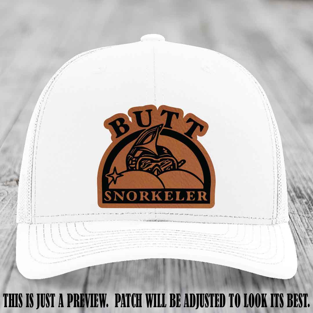Rawhide to Black Patch on White Hat - Butt Snorkeler Richardson 112 Leather Patch Hat