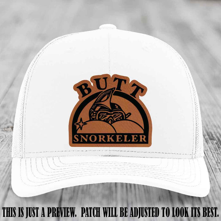 Rawhide to Black Patch on White Hat - Butt Snorkeler Richardson 112 Leather Patch Hat