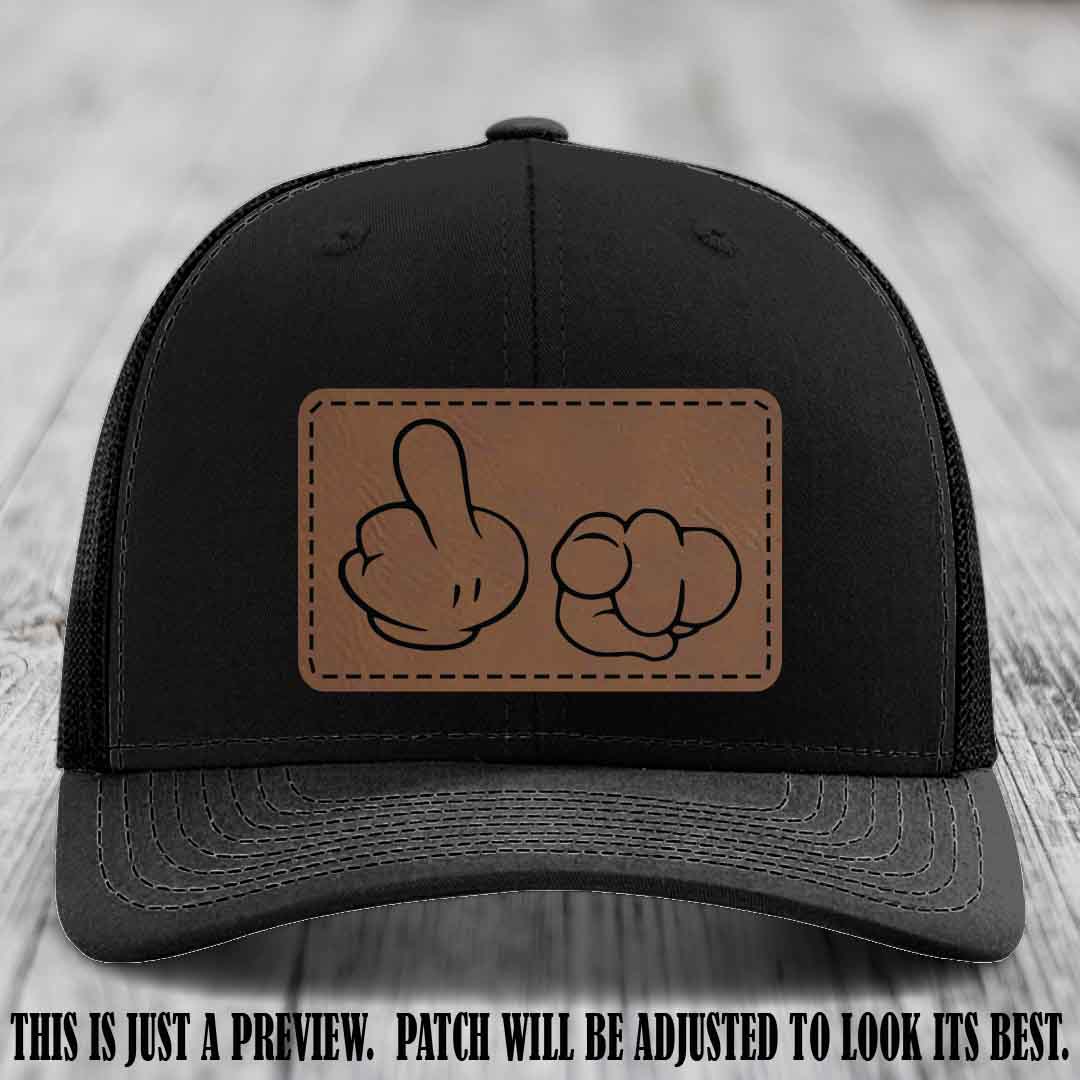 Finger Bang & Blame Game 🖕👉 Dark Brown to Black on Black Hat - Richardson 112 custom trucker hat
