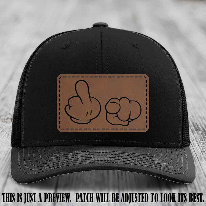 Finger Bang & Blame Game 🖕👉 Dark Brown to Black on Black Hat - Richardson 112 custom trucker hat