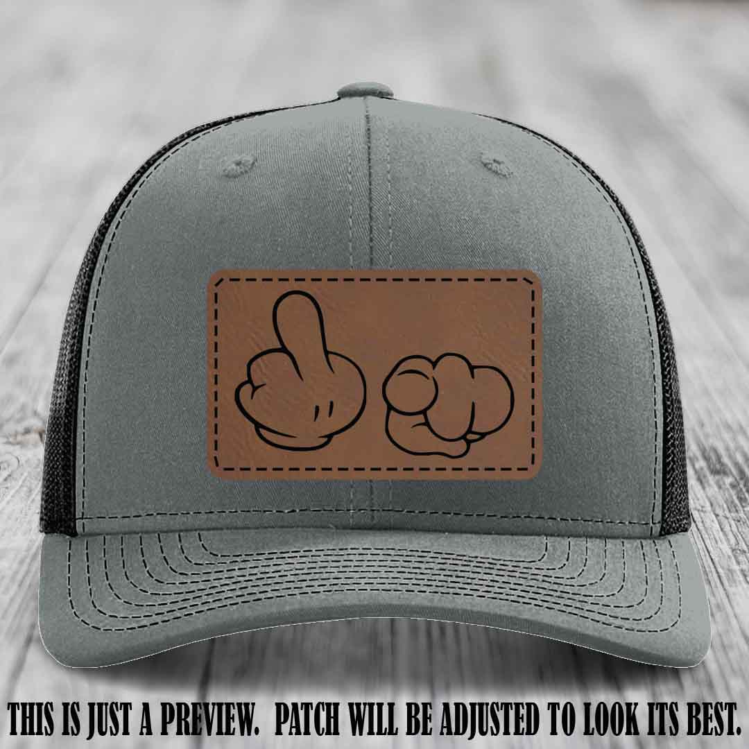 Finger Bang & Blame Game 🖕👉 Dark Brown to Black on Heather Grey to Black Hat - Richardson 112 custom trucker hat