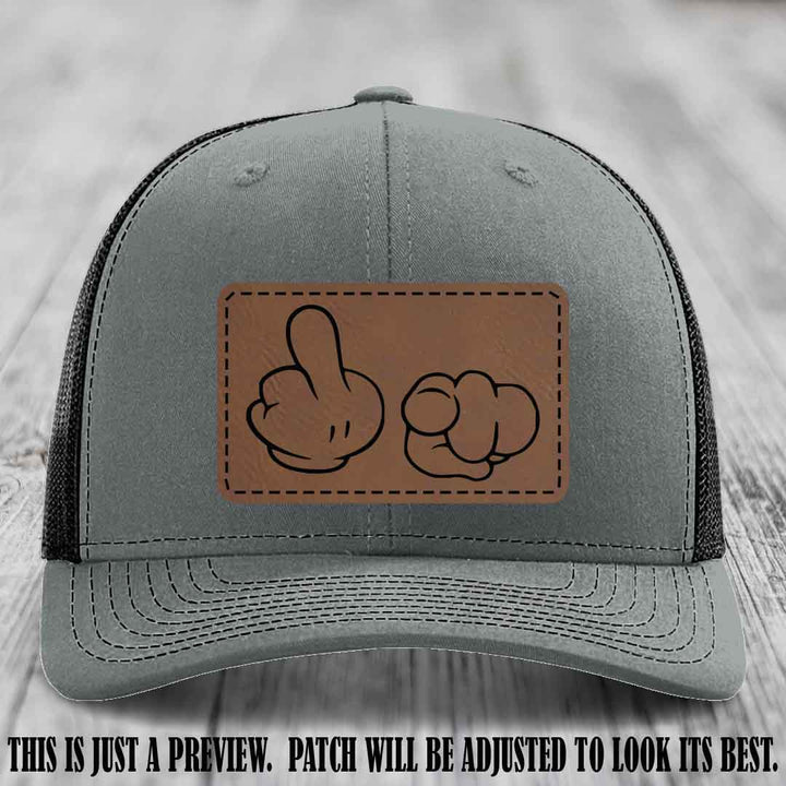 Finger Bang & Blame Game 🖕👉 Dark Brown to Black on Heather Grey to Black Hat - Richardson 112 custom trucker hat
