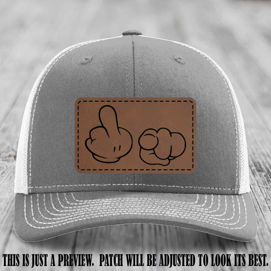 Finger Bang & Blame Game 🖕👉 Dark Brown to Black on Heather Grey to White Hat - Richardson 112 custom trucker hat