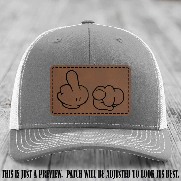 Finger Bang & Blame Game 🖕👉 Dark Brown to Black on Heather Grey to White Hat - Richardson 112 custom trucker hat