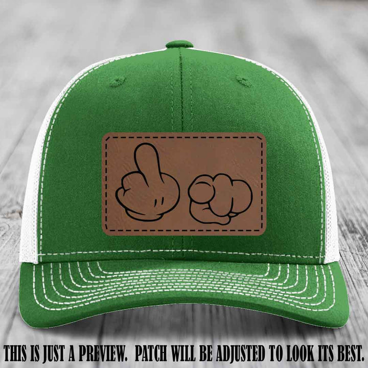 Finger Bang & Blame Game 🖕👉 Dark Brown to Black on Kelly to White Hat - Richardson 112 custom trucker hat