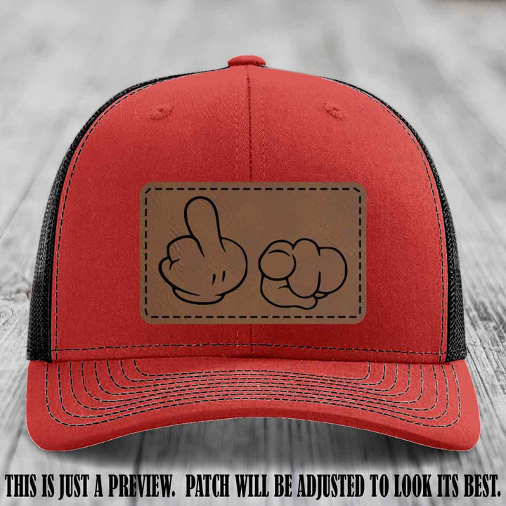 Finger Bang & Blame Game 🖕👉 Dark Brown to Black on Red to Black Hat - Richardson 112 custom trucker hat
