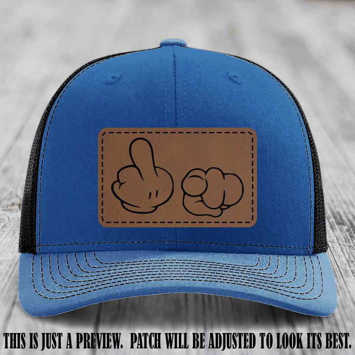 Finger Bang & Blame Game 🖕👉 Dark Brown to Black on Royal to Black Hat - Richardson 112 custom trucker hat