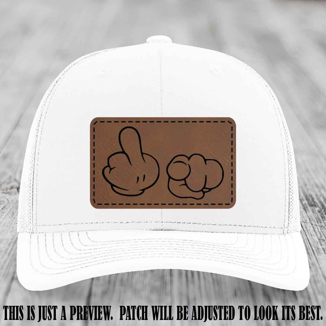 Finger Bang & Blame Game 🖕👉 Dark Brown to Black on White Hat - Richardson 112 custom trucker hat