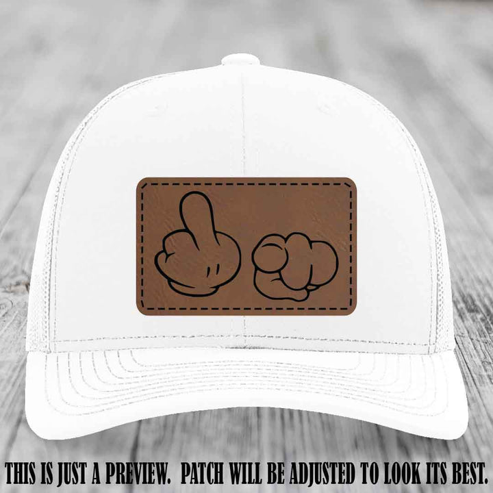 Finger Bang & Blame Game 🖕👉 Dark Brown to Black on White Hat - Richardson 112 custom trucker hat