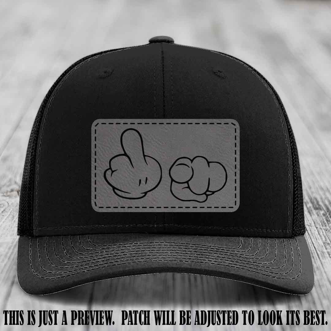 Finger Bang & Blame Game 🖕👉 Grey to Black on Black Hat - Richardson 112 custom trucker hat