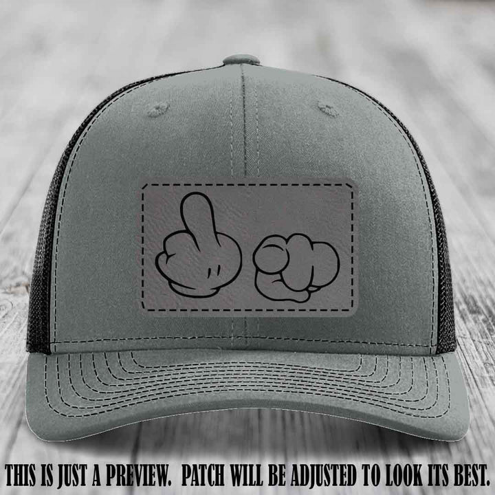 Finger Bang & Blame Game 🖕👉 Grey to Black on Heather Grey to Black Hat - Richardson 112 custom trucker hat