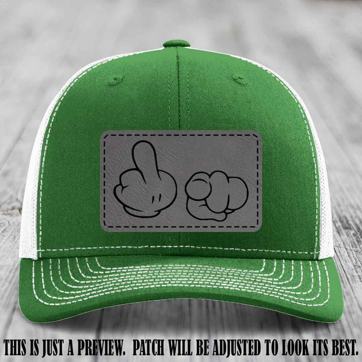 Finger Bang & Blame Game 🖕👉 Grey to Black on Kelly to White Hat - Richardson 112 custom trucker hat