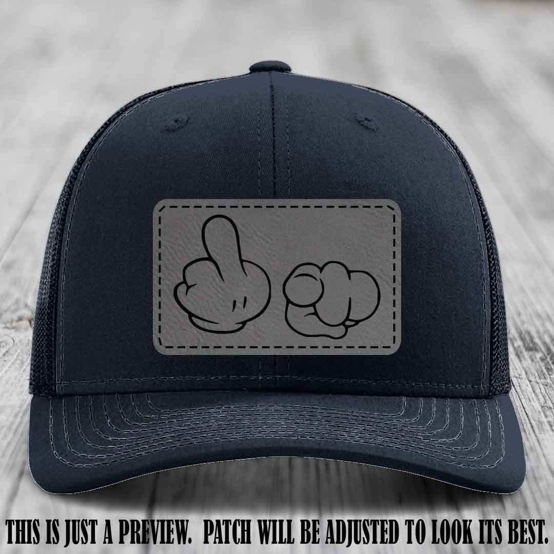 Finger Bang & Blame Game 🖕👉 Grey to Black on Navy Hat - Richardson 112 custom trucker hat