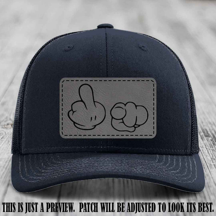 Finger Bang & Blame Game 🖕👉 Grey to Black on Navy Hat - Richardson 112 custom trucker hat