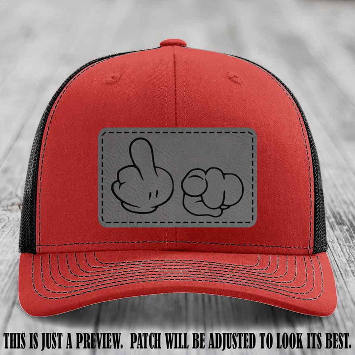Finger Bang & Blame Game 🖕👉 Grey to Black on Red to Black Hat - Richardson 112 custom trucker hat