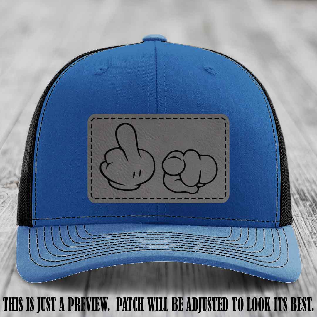 Finger Bang & Blame Game 🖕👉 Grey to Black on Royal to Black Hat - Richardson 112 custom trucker hat
