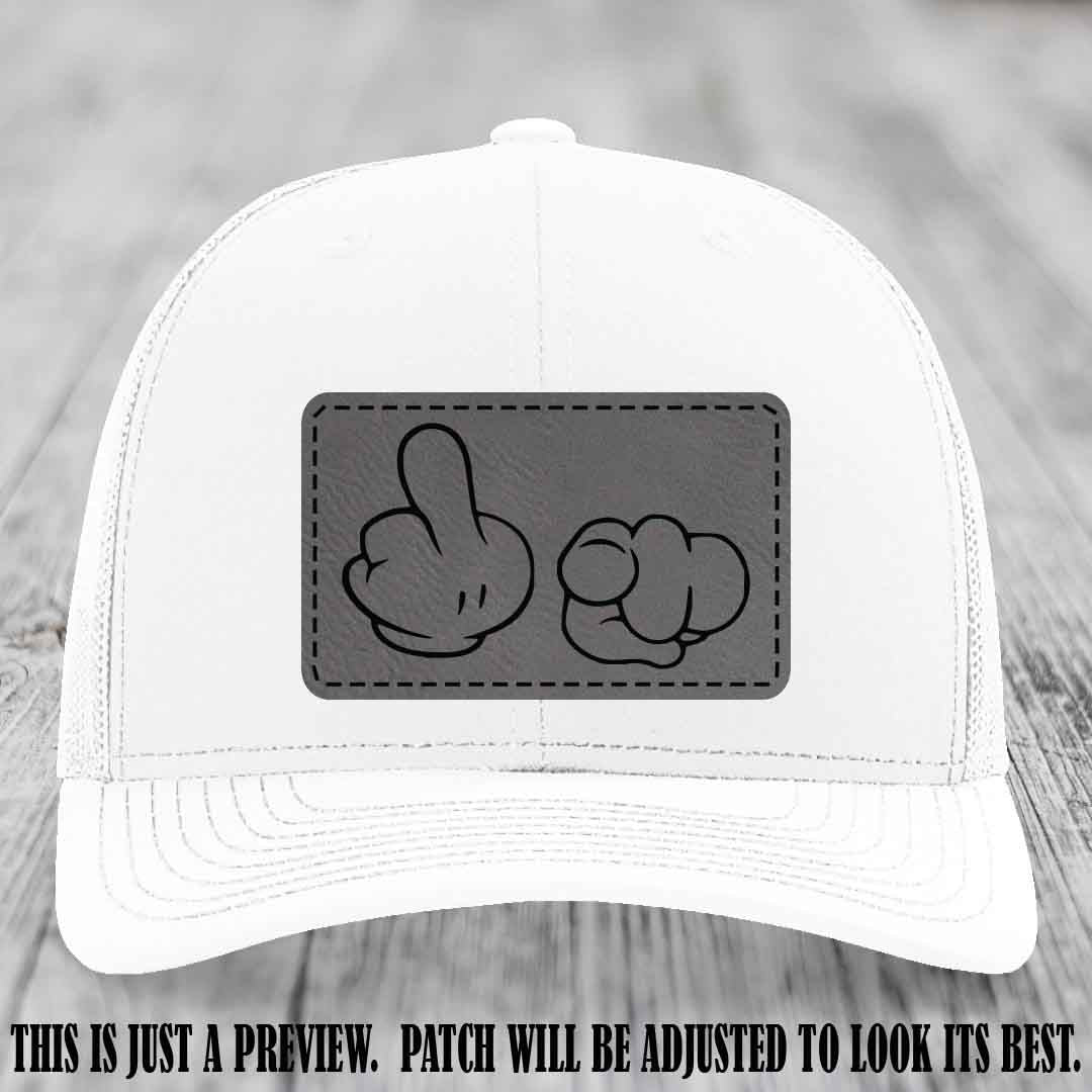 Finger Bang & Blame Game 🖕👉 Grey to Black on White Hat - Richardson 112 custom trucker hat