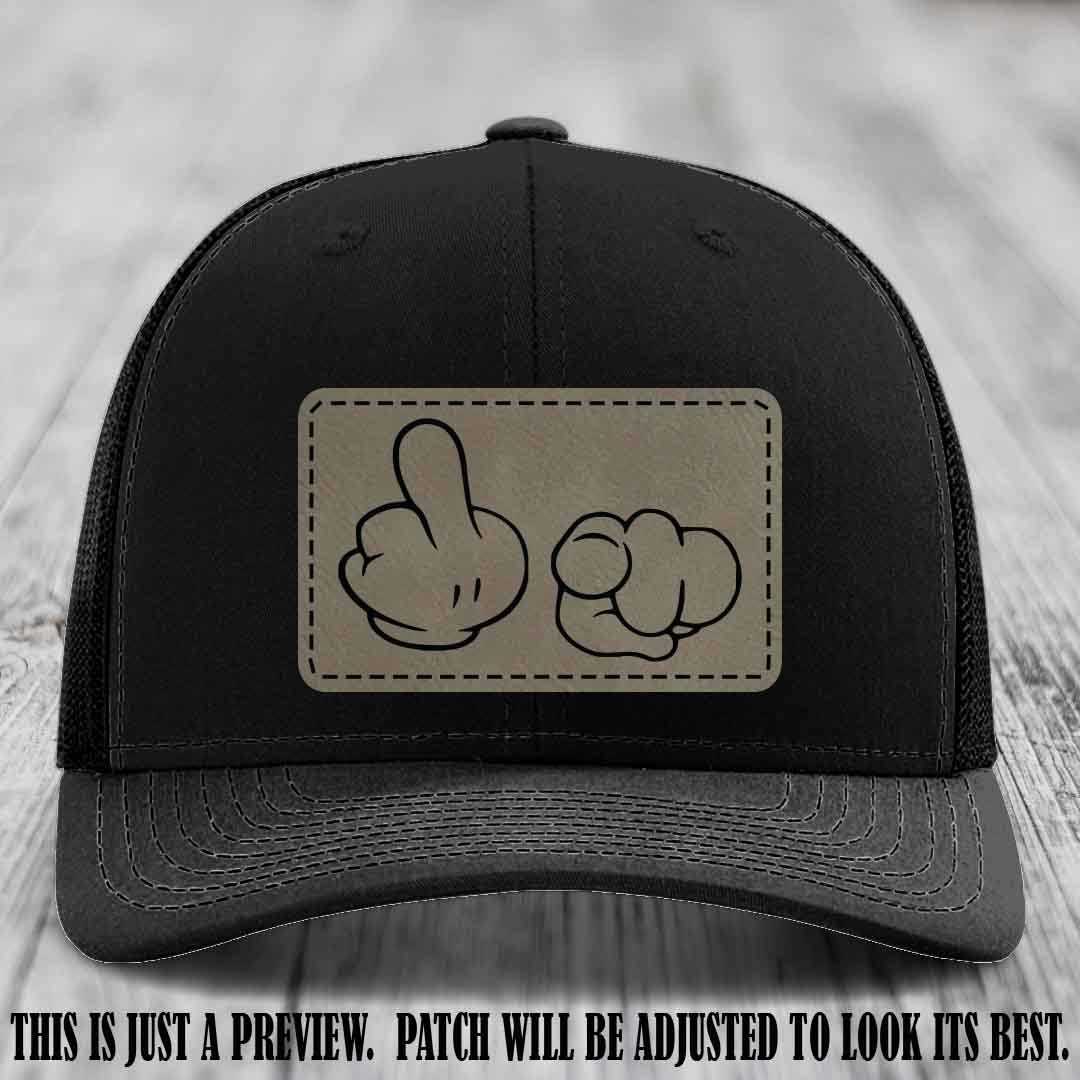 Finger Bang & Blame Game 🖕👉 Light Brown to Black on Black Hat - Richardson 112 custom trucker hat