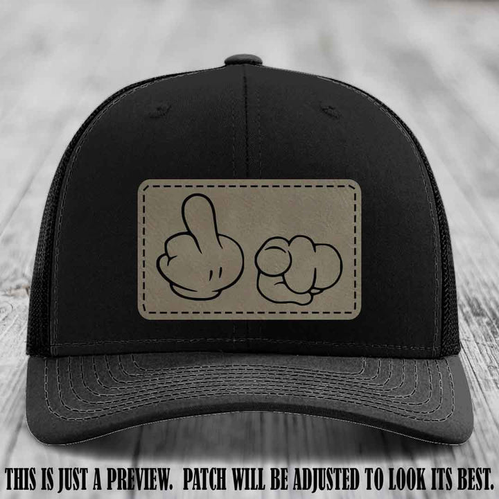 Finger Bang & Blame Game 🖕👉 Light Brown to Black on Black Hat - Richardson 112 custom trucker hat