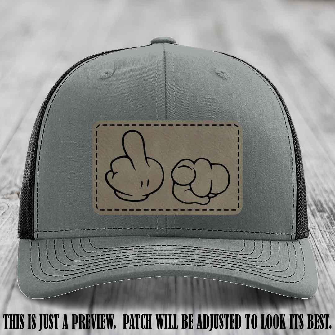 Finger Bang & Blame Game 🖕👉 Light Brown to Black on Heather Grey to Black Hat - Richardson 112 custom trucker hat