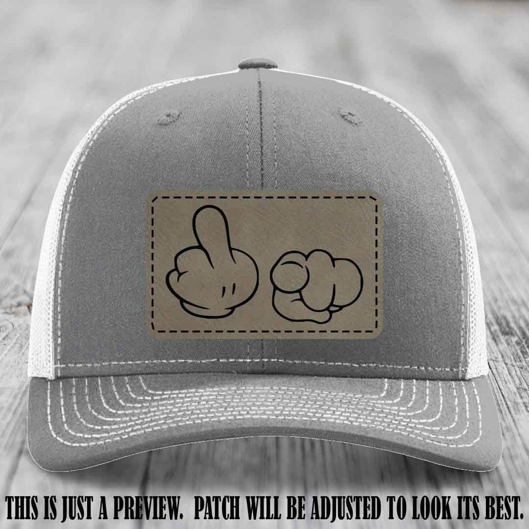 Finger Bang & Blame Game 🖕👉 Light Brown to Black on Heather Grey to White Hat - Richardson 112 custom trucker hat