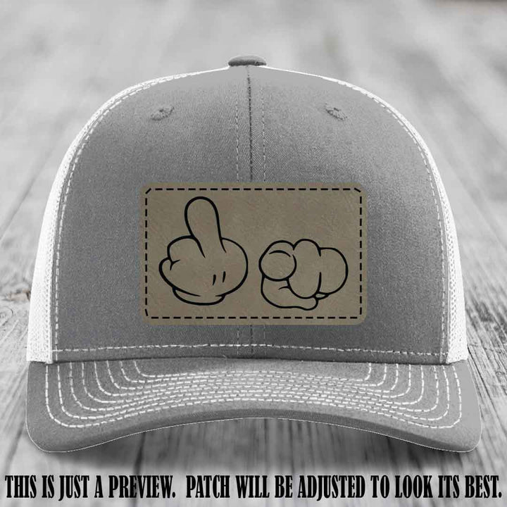 Finger Bang & Blame Game 🖕👉 Light Brown to Black on Heather Grey to White Hat - Richardson 112 custom trucker hat