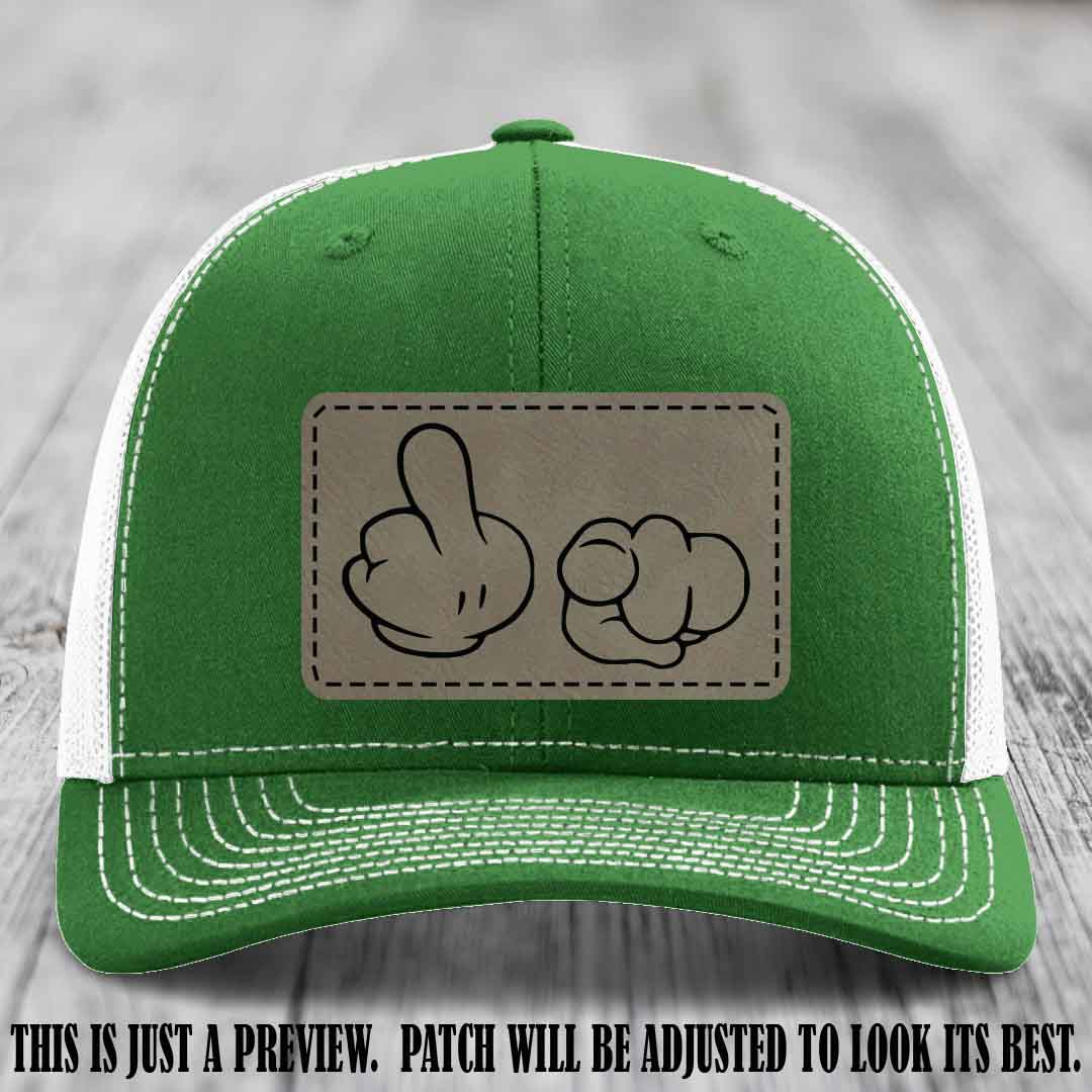 Finger Bang & Blame Game 🖕👉 Light Brown to Black on Kelly to White Hat - Richardson 112 custom trucker hat