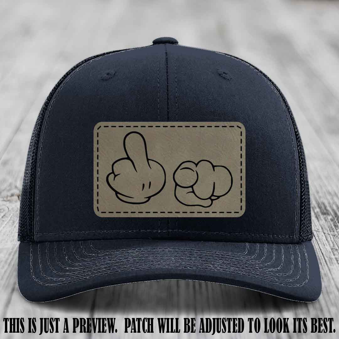Finger Bang & Blame Game 🖕👉 Light Brown to Black on Navy Hat - Richardson 112 custom trucker hat