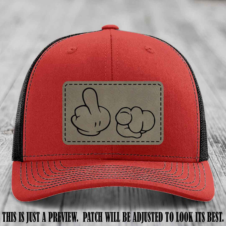 Finger Bang & Blame Game 🖕👉 Light Brown to Black on Red to Black Hat - Richardson 112 custom trucker hat