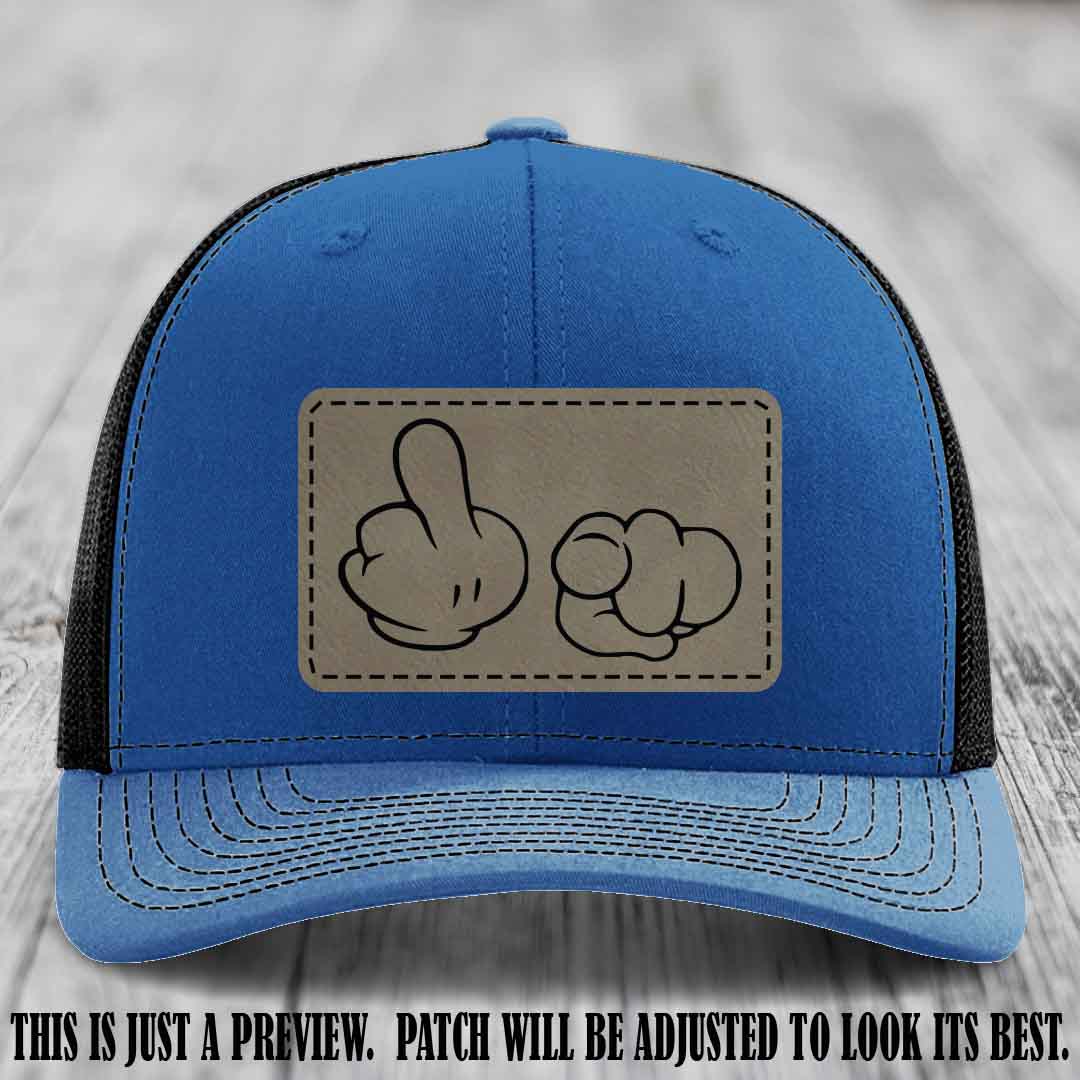 Finger Bang & Blame Game 🖕👉 Light Brown to Black on Royal to Black Hat - Richardson 112 custom trucker hat