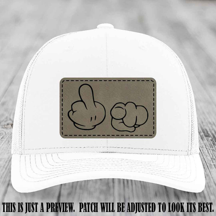 Finger Bang & Blame Game 🖕👉 Light Brown to Black on White Hat - Richardson 112 custom trucker hat